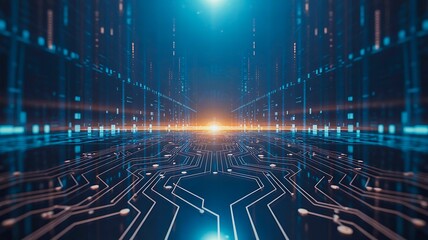 Futuristic digital circuit landscape with glowing blue technology lines