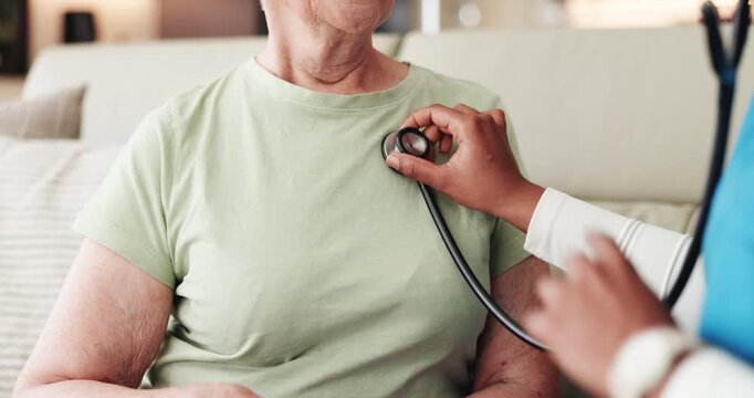 Hands, nurse and stethoscope with old woman at house for heartbeat with breathing assessment. Caregiver, elderly person and medical evaluation for chronic condition, respiratory and listen to asthma
