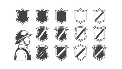 Firefighter Silhouette and Collection of Black and White Shields on White Background Keywords: firefighter, silhouette, shield, badge, emblem