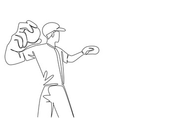 Single line draw of a man batter launching a power swing at a softball, sports concept for team spirit. Long swing at a rising ball. World Softball Day leagues, tournaments, coaches, and global fans.