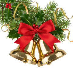 Festive golden christmas bells adorned with red bow holly and pine on transparent background