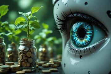 Vibrant green seedling growing from coins in a jar beside a futuristic blue robotic eye