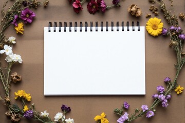 Blank spiral notebook mockup centered on brown background with colorful dried flower border