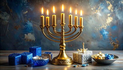 A golden Hanukkah menorah with all candles lit, surrounded by gifts and gelt for a festive Jewish holiday celebration