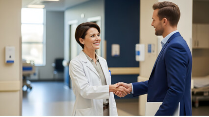 Mature woman doctor shaking hands with pharmaceutical representative at hospital Professional healthcare partnership and medical business collaboration
