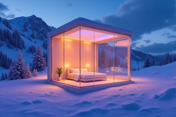 Glass cube bedroom in snowy mountains offers cozy illuminated retreat under dark twilight sky
