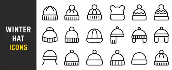 outline vector set of warm winter hats and cozy headwear, featuring scarves, beanies, and headgear for cold weather apparel concepts, fashion illustrations, and seasonal graphic projects.