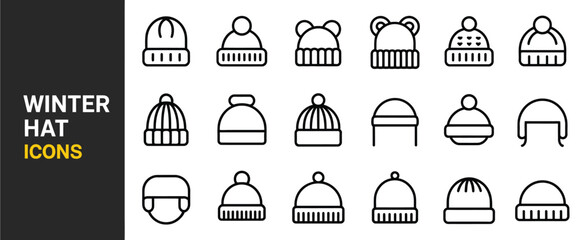 outline vector collection of winter hats and cozy headwear, including beanies, knit caps, and warm headgear, ideal for cold season fashion designs, clothing catalogs, and apparel graphics.