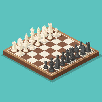 An isometric vector illustration depicts a wooden chessboard on a teal background, with white and black pieces arranged in non-standard clusters at opposite corners of the board