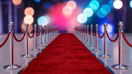 Red carpet event entrance with velvet ropes and bright bokeh lights