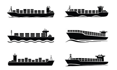 Fototapeta premium Container Ship Silhouettes, Container Ship Icons Set, Vector Silhouettes of Cargo Ships, Set of Black and White Container Vessel Illustrations
