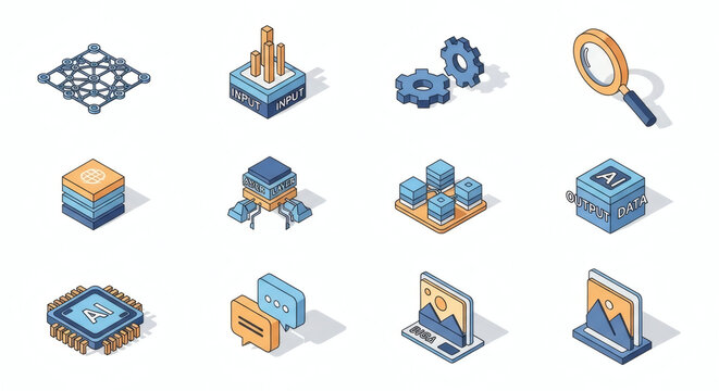Isometric Digital Technology Icons Set for Artificial Intelligence, Big Data, Machine Learning, and Computing Solutions