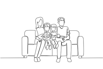 Continuous line drawing of a mother, father, son, and daughter sitting on a sofa, enjoying a movie night with a bowl of popcorn from front view. Celebrating National Movie Night event.