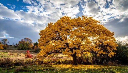 Large tree with vibrant golden leaves, bathed in sunlight