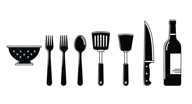 Kitchen utensils and cooking tools vector illustration black and white