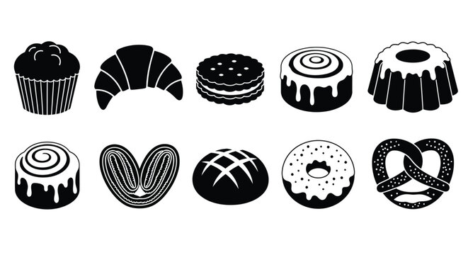 Bakery items vector icons set muffin croissant cookie and more desserts