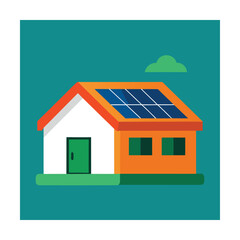 Flat design house with solar panels on roof and green cloud Keywords: house, home, building, roof, solar panels, renewable energy, green energy