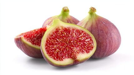 Fresh ripe figs with a vibrant red interior on a white background.
