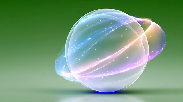 A translucent, spherical object with colorful, swirling light trails and tiny sparkling stars, set against a soft green gradient background. The lighting is eth