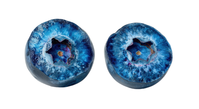 Two vibrant, ripe blueberries split to reveal their detailed, juicy interior