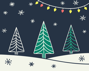 Christmas winter scene with trees and snowflakes