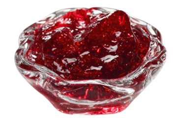 Close up of glistening, translucent, ruby-red fruit preserve in a clear bowl