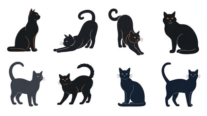 Collection of sleek black cat illustrations in diverse poses, perfect for pet-themed designs and Halloween aesthetics