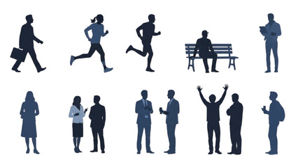 Silhouettes of people in various poses and activities, representing modern life and movement