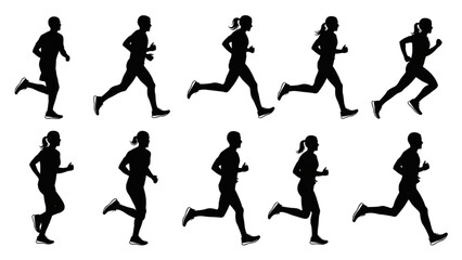Dynamic collection of athletic people silhouettes in various running poses, illustrating exercise and active movement