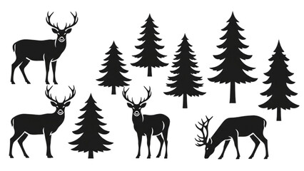 A collection of majestic wild stag deer and evergreen pine tree silhouettes isolated on white