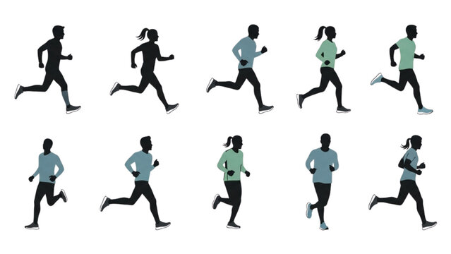 Silhouettes of people running in different poses, perfect for sports and fitness themes