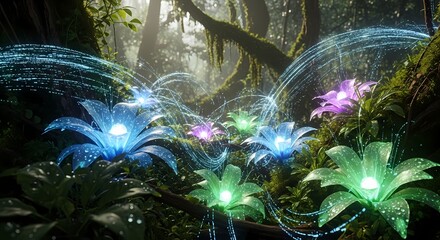 Enchanted fantasy jungle with glowing bioluminescent flowers and magical streams of light
