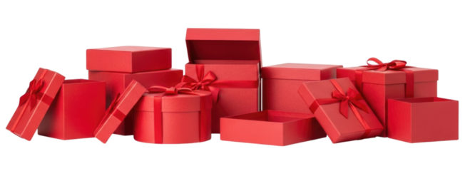 Collection of red gift boxes with ribbons transparent background cutout png