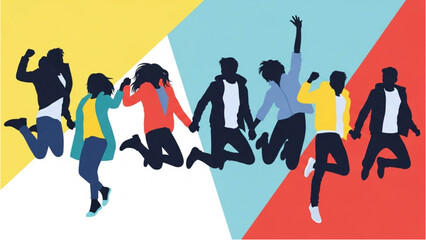 Energetic silhouettes of diverse young people jumping with joy, celebrating unity and shared success