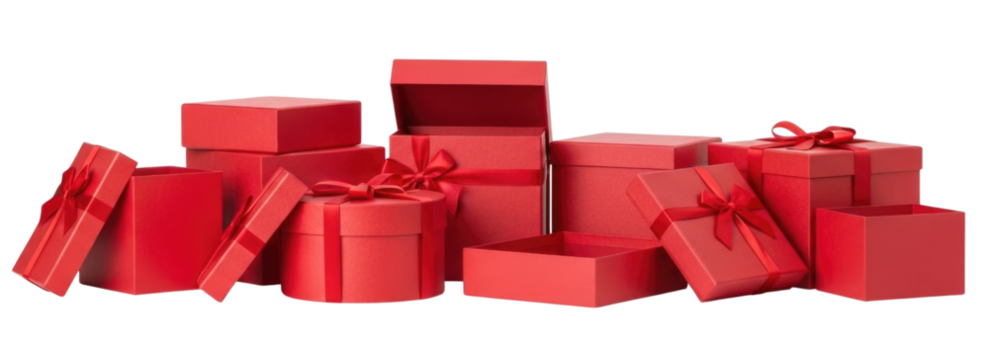 Collection of red gift boxes with ribbons transparent background cutout png