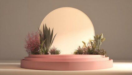 A pink tiered platform with plants against a large, glowing semi-circle backdrop