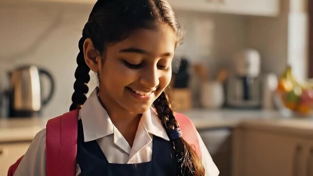Smiling Schoolgirl Opening Green Lunch Box in Kitchen