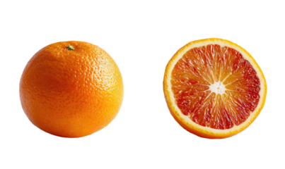 A whole blood orange next to a sliced blood orange against black