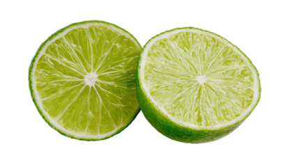 Two bright green lime halves with juicy citrus pulp and segmented flesh