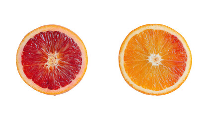 Two citrus fruit halves, one blood orange, one regular orange
