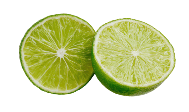 Two bright green lime halves with juicy citrus pulp and segmented flesh