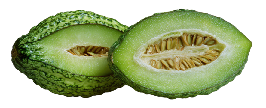Bright green melon, sliced in half, revealing juicy seeds