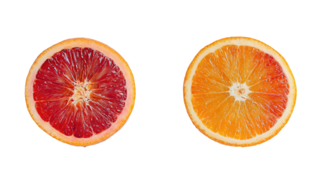 Two citrus fruit halves, one blood orange, one regular orange