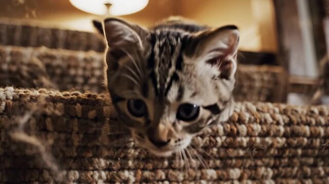mackerel tabby kitten - A curious kitten explores the staircase, its delicate paws gently pressing against the textured carpet, while a warm lamp casts soft light in the background