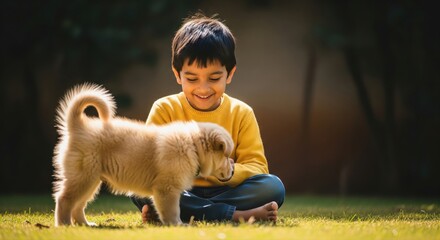 Happy boy enjoys playful moment with cute puppy outdoors