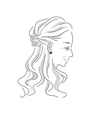 横顔のシニア女性のモノクロイラスト