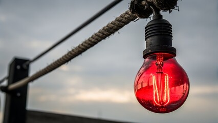 Stunning vintage red lightbulb glowing warmly on rope, casting a vibrant mood against a cloudy sky, perfect for creative design and atmospheric projects