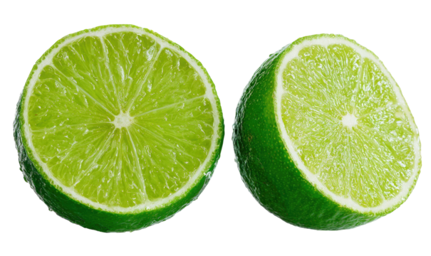 Two halves of a vibrant green lime, cut to show juicy pulp