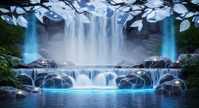 Enchanted waterfall grotto with mystical glowing blue lights creating a serene and magical fantasy landscape