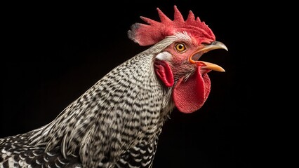 Dramatic rooster crowing loudly with vibrant colors on black, perfect for farm themes or raising awareness about animal welfare and ethical sourcing